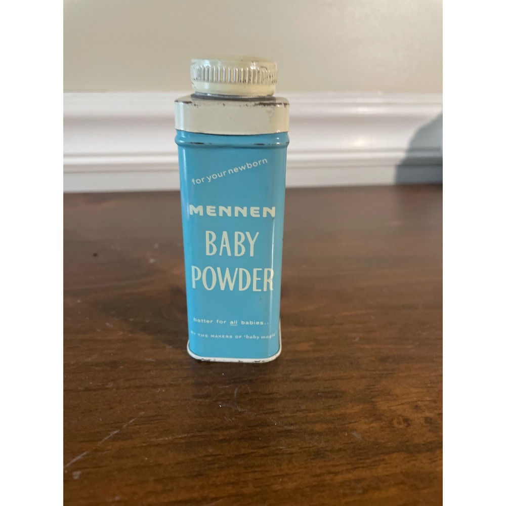 Vintage Mennen Baby Powder Tin Collectible Metal Shaker Blue White 1.5 oz 4 Inch